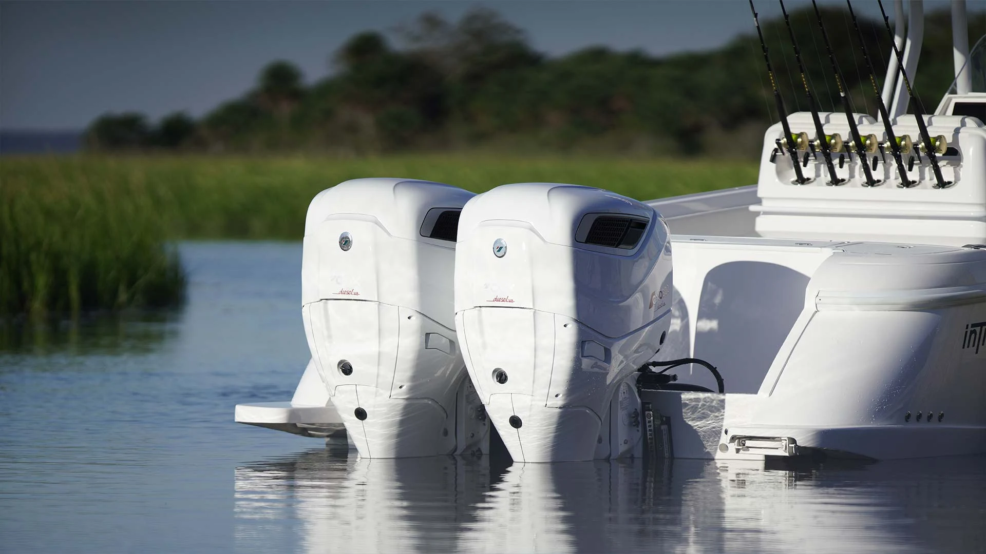 A pair of white Cox outboards reflected in calm water