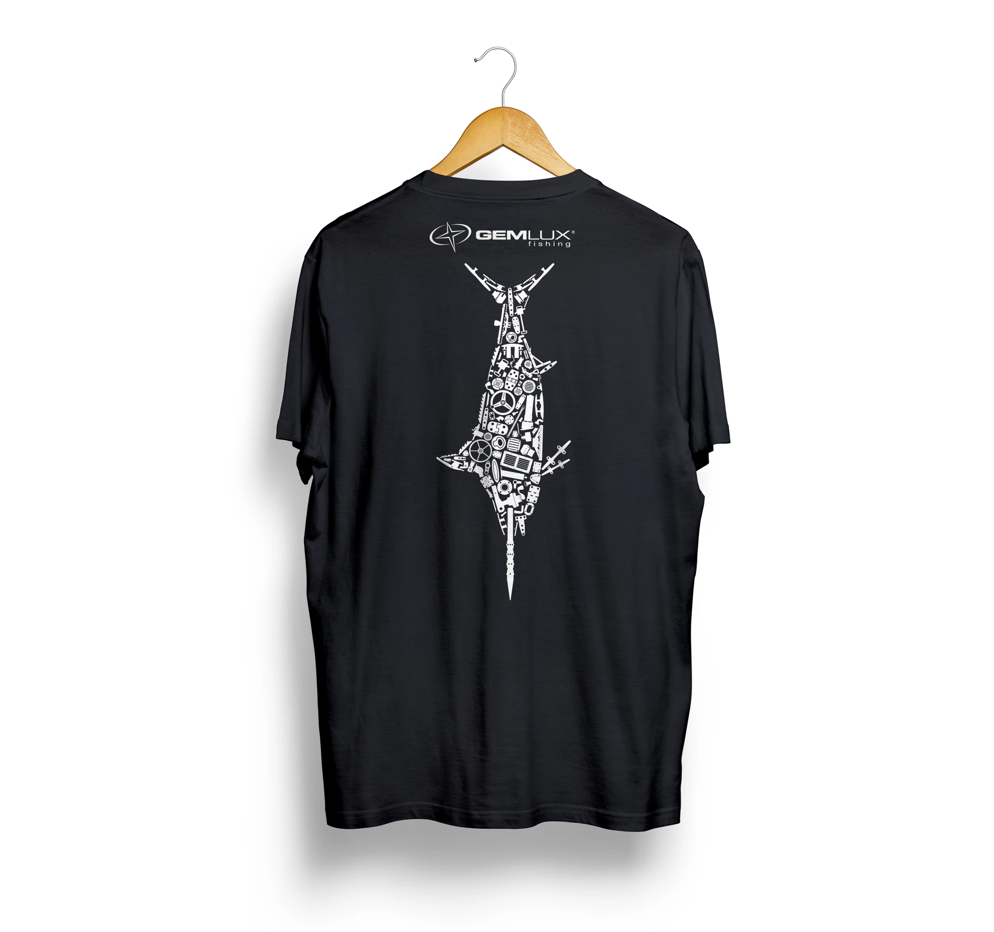 Black Gemlux shirt with the fish made from marine hardware printed on the back