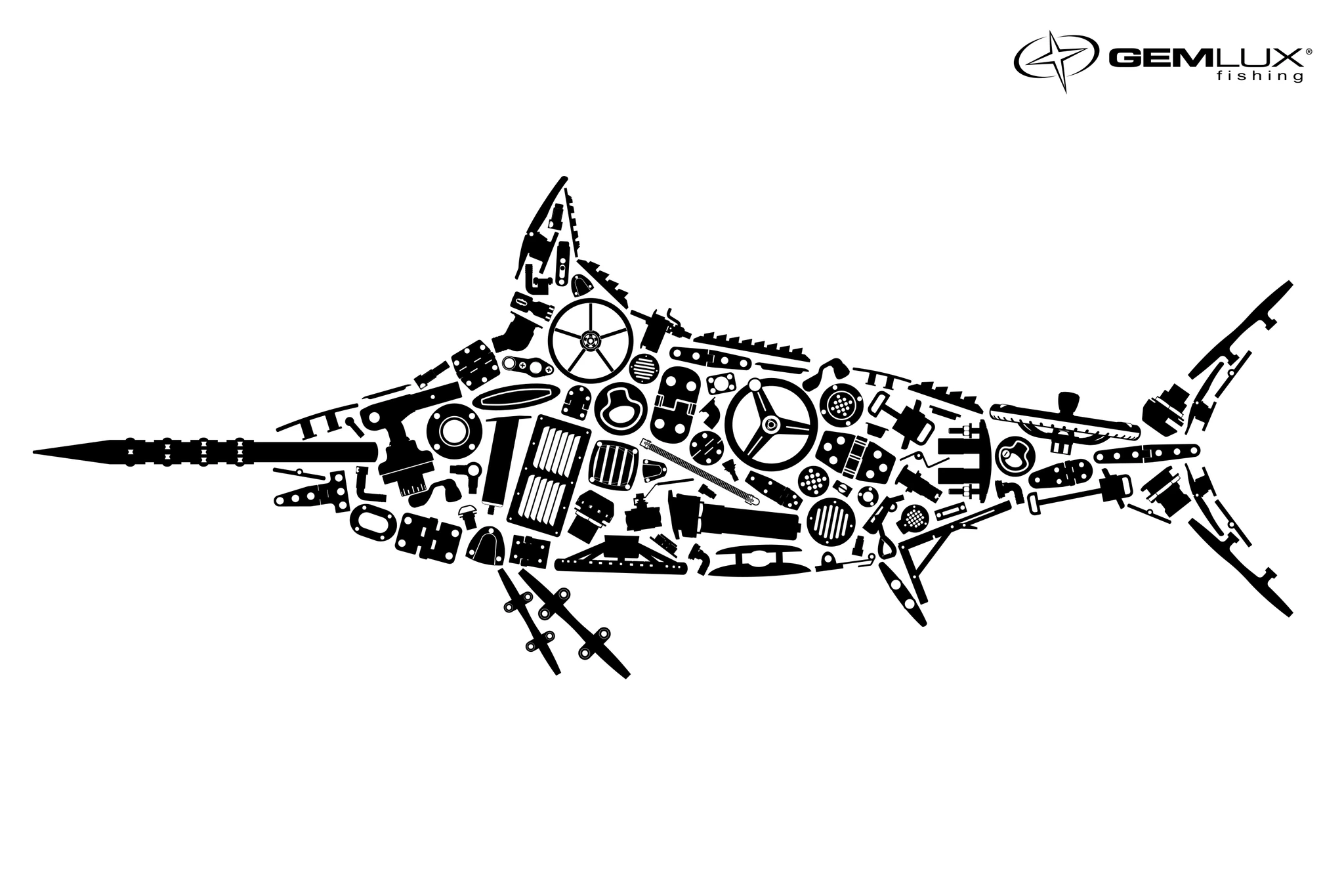 A billfish silhouette made entirely from Gemlux marine parts, designed by Peter Legeza
