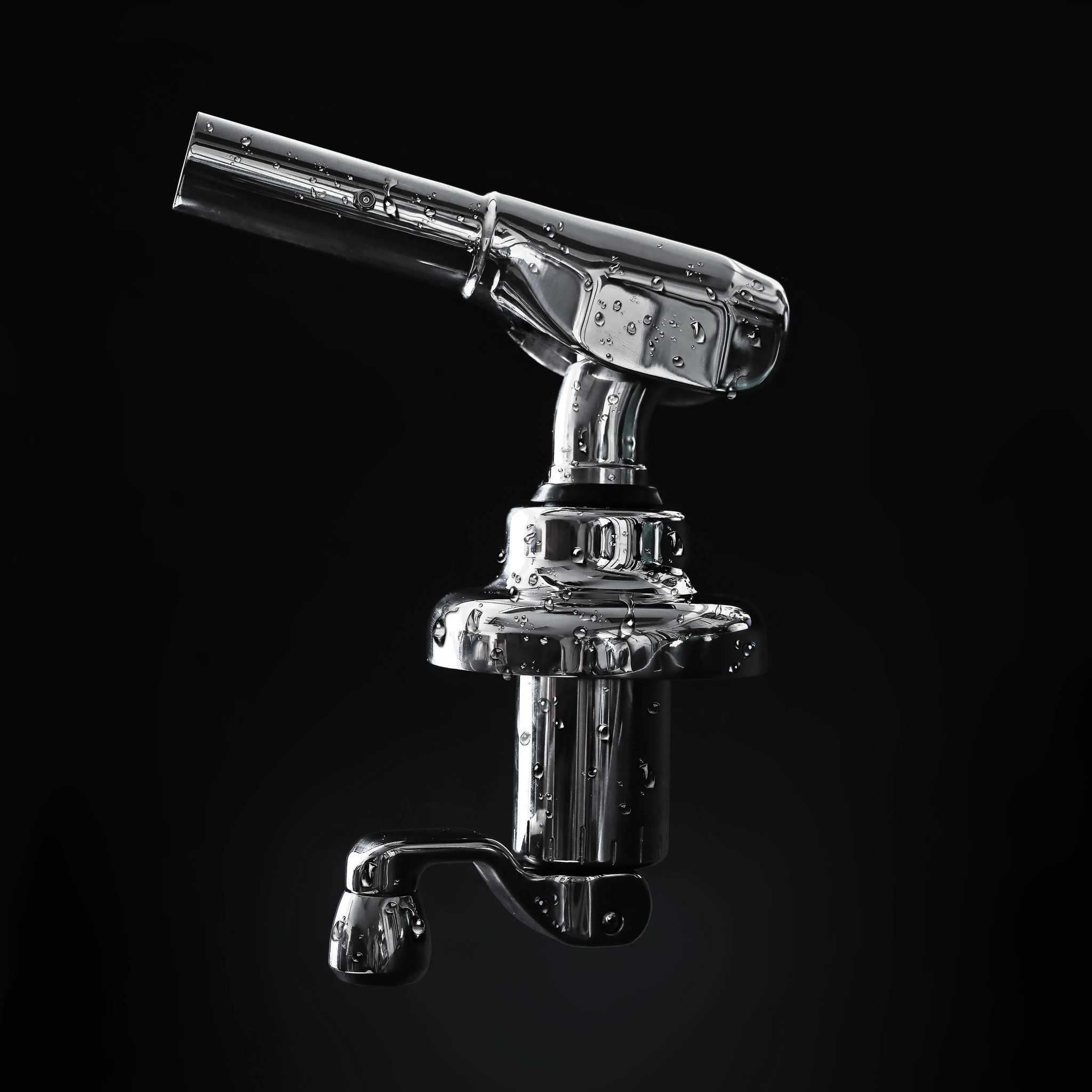 Gemlux outrigger mount with beads of water and controlled highlights against black