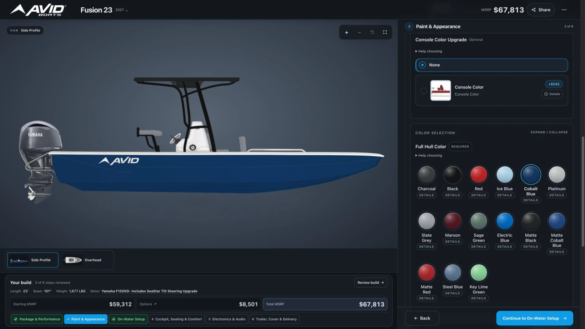 Edited walkthrough of the current Avid Boats builder on HullFlow: a Fusion 23 changes between Cobalt Blue, Ice Blue, Charcoal and Key Lime Green hull colors, then adds a black or white hard T-top, with actual captured MSRP and soft transitions between completed renders