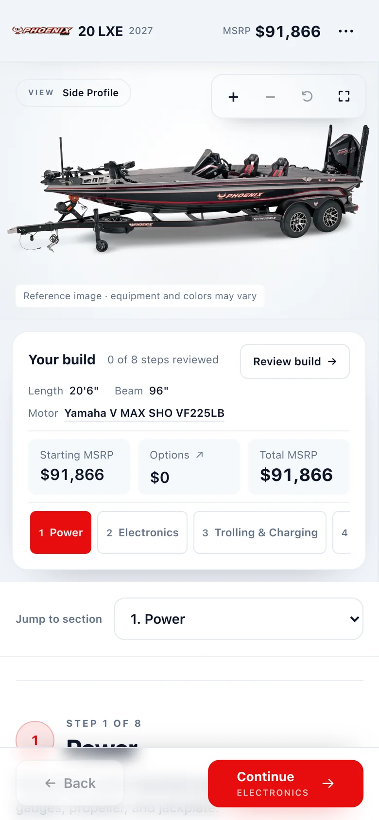 The Phoenix Boats builder on a phone: the 20 LXE, its MSRP, and the build summary