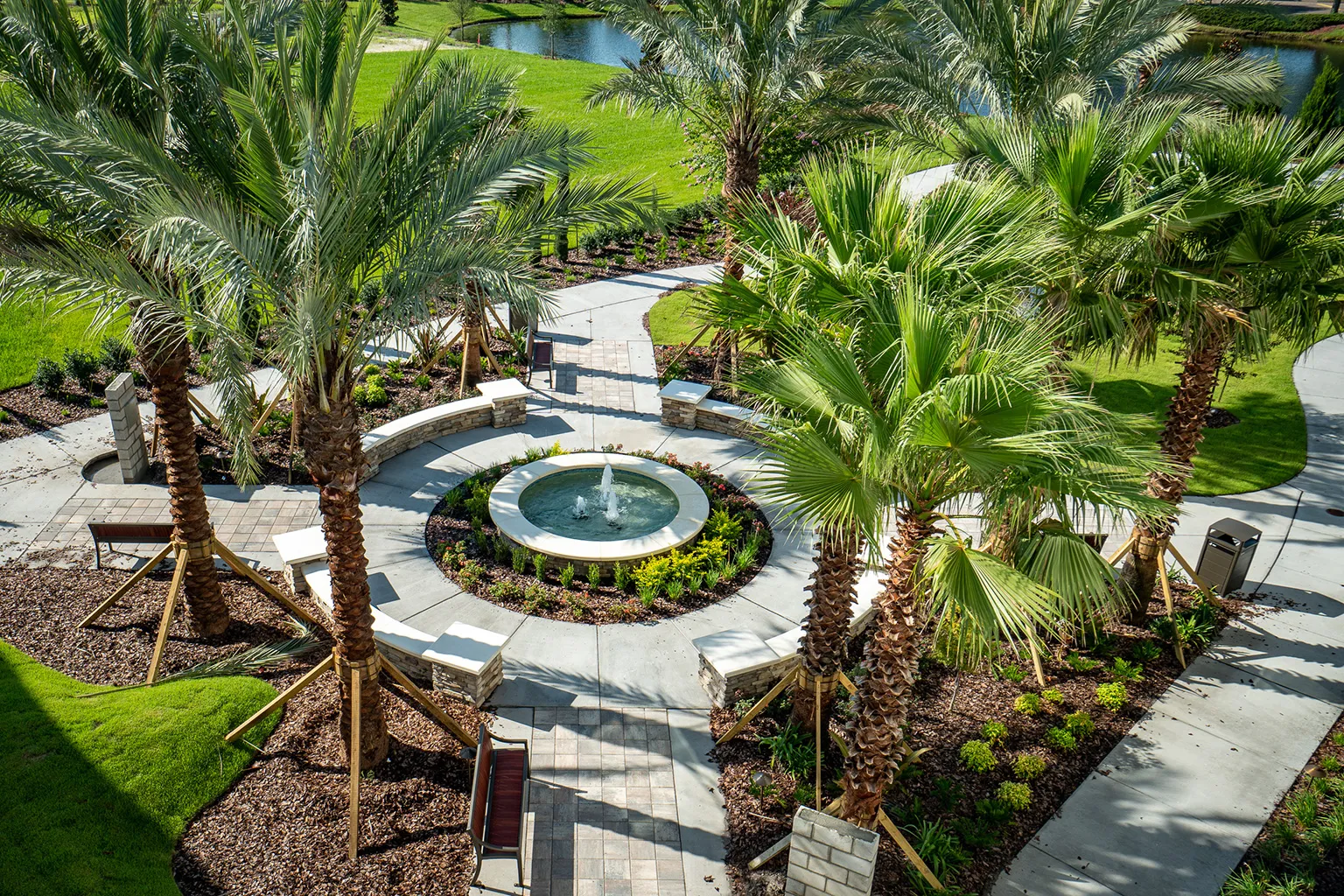 Aerial view of a Pratt Guys courtyard garden and fountain