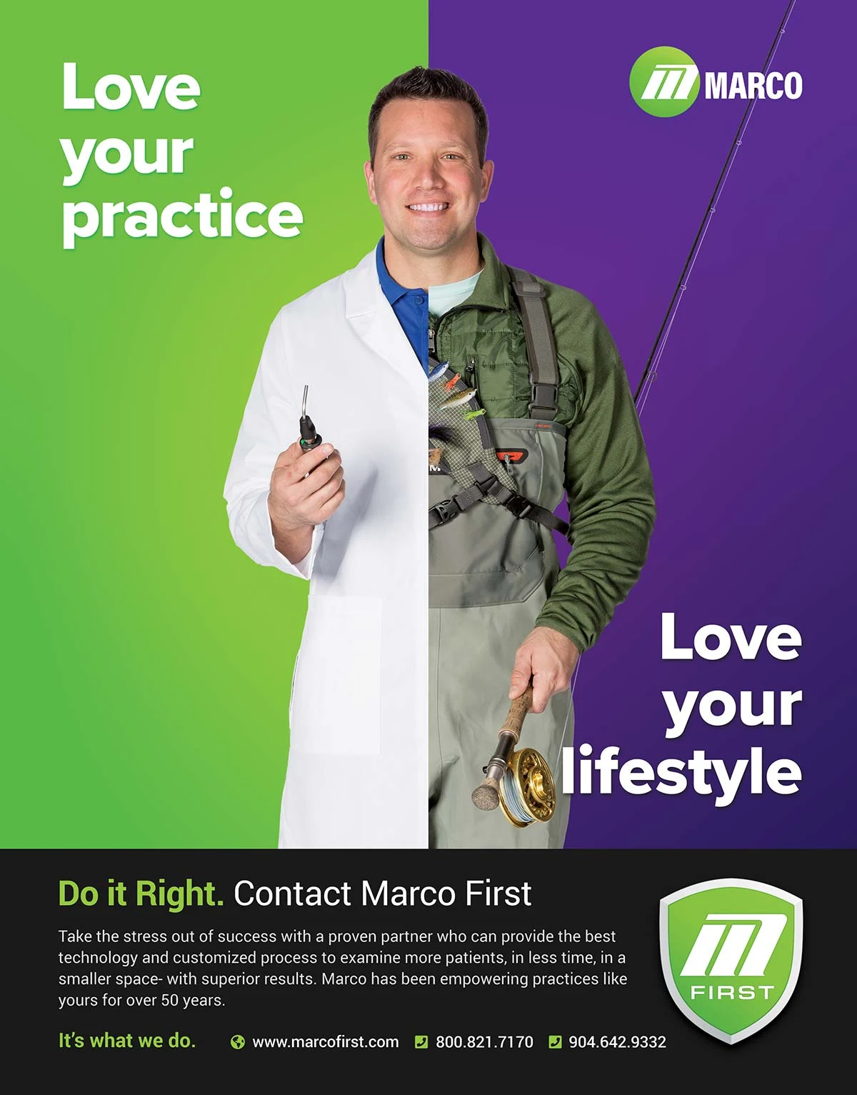 Marco First advertisement pairing a practitioner’s white coat with fishing clothes