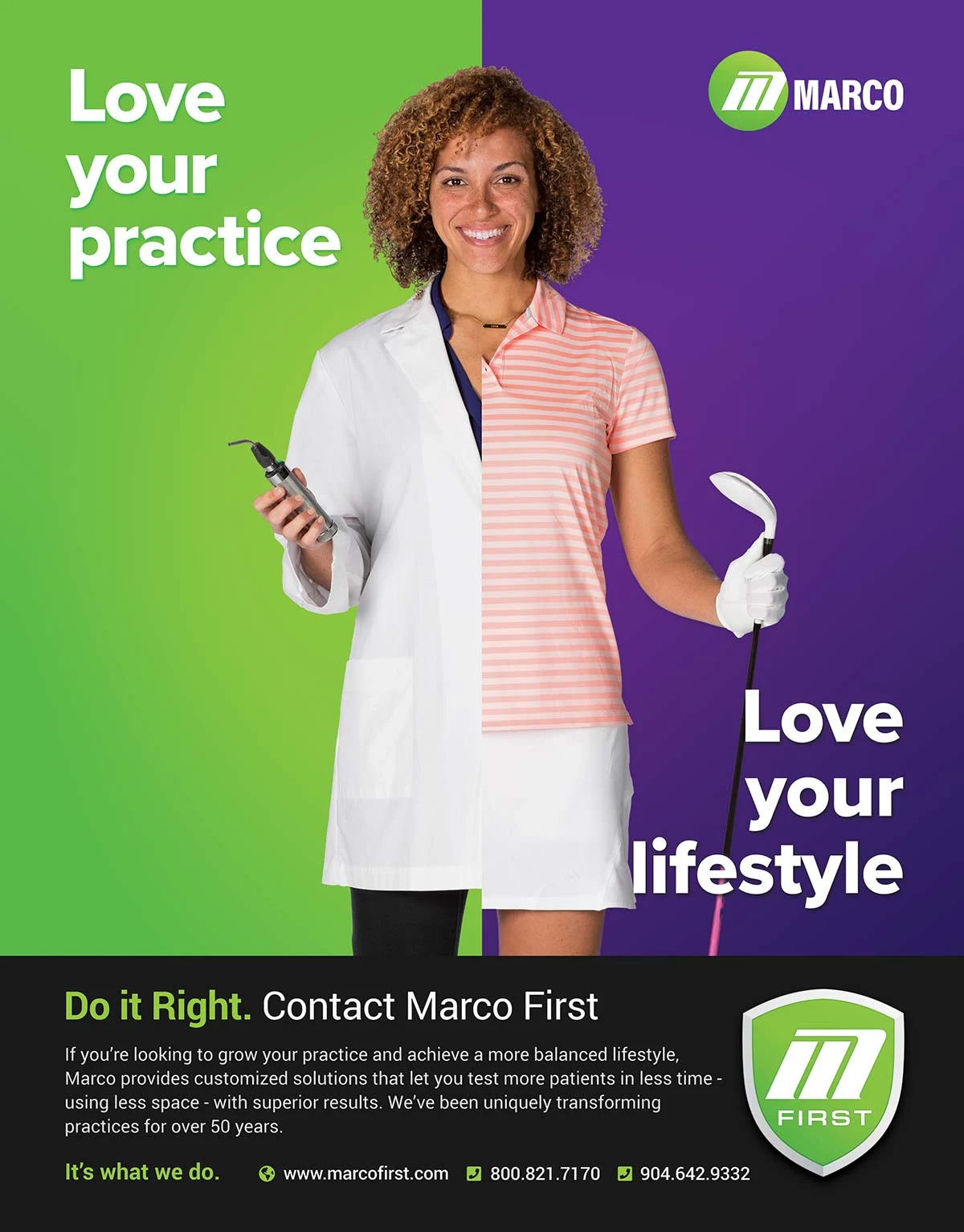 Marco First advertisement pairing a practitioner’s white coat with golf attire