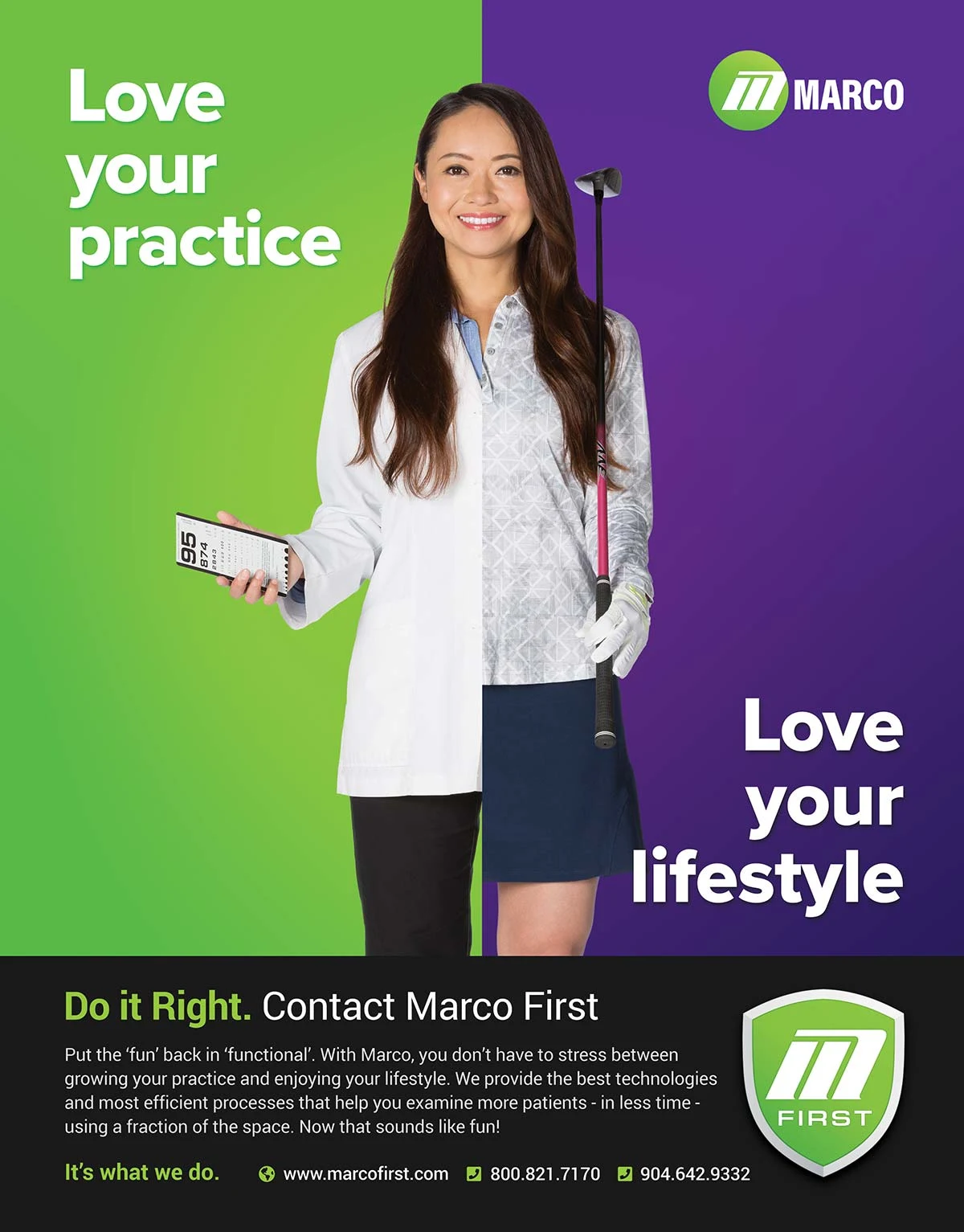 Second Marco First golf advertisement with the green and purple campaign design