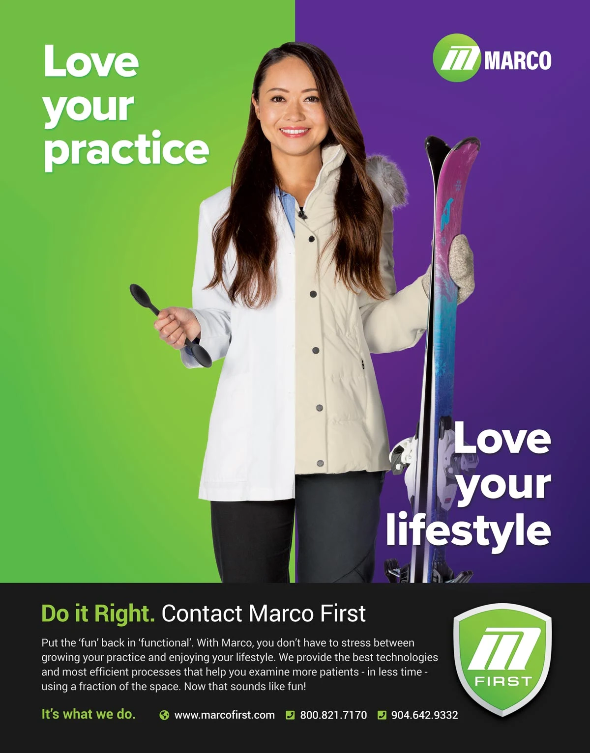 Marco First advertisement pairing a practitioner’s white coat with skis and winter clothing