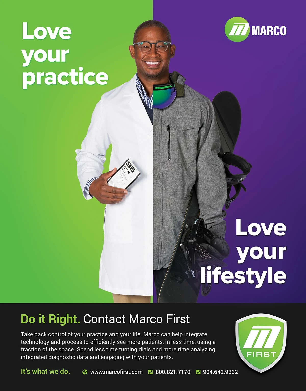 Marco First advertisement pairing a practitioner’s white coat with snowboarding clothing