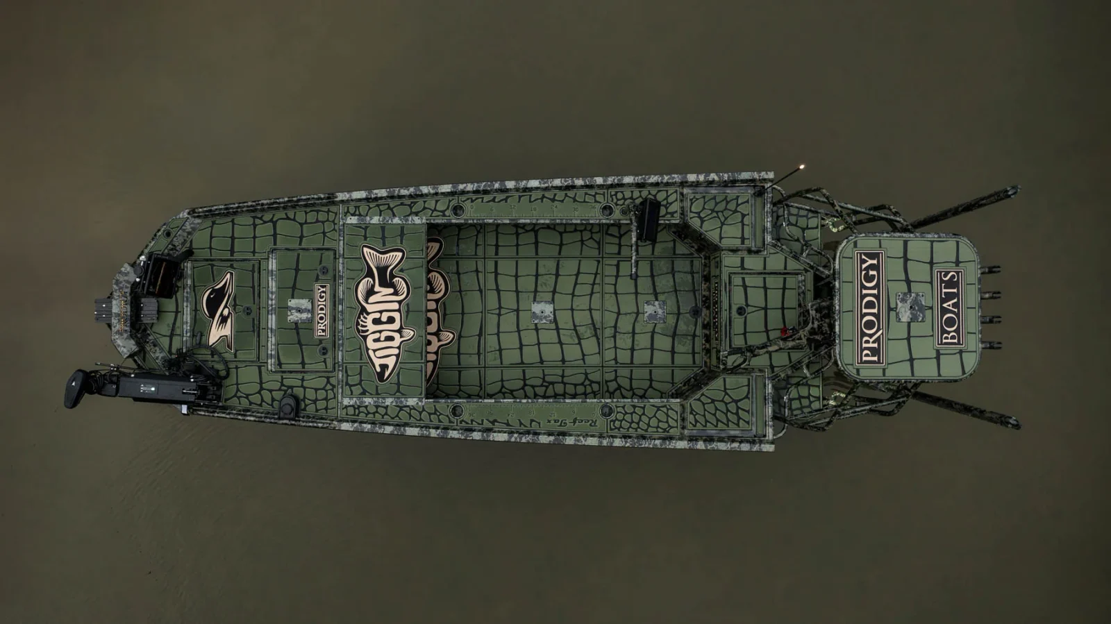 An overhead view of a camouflaged Prodigy boat on the water