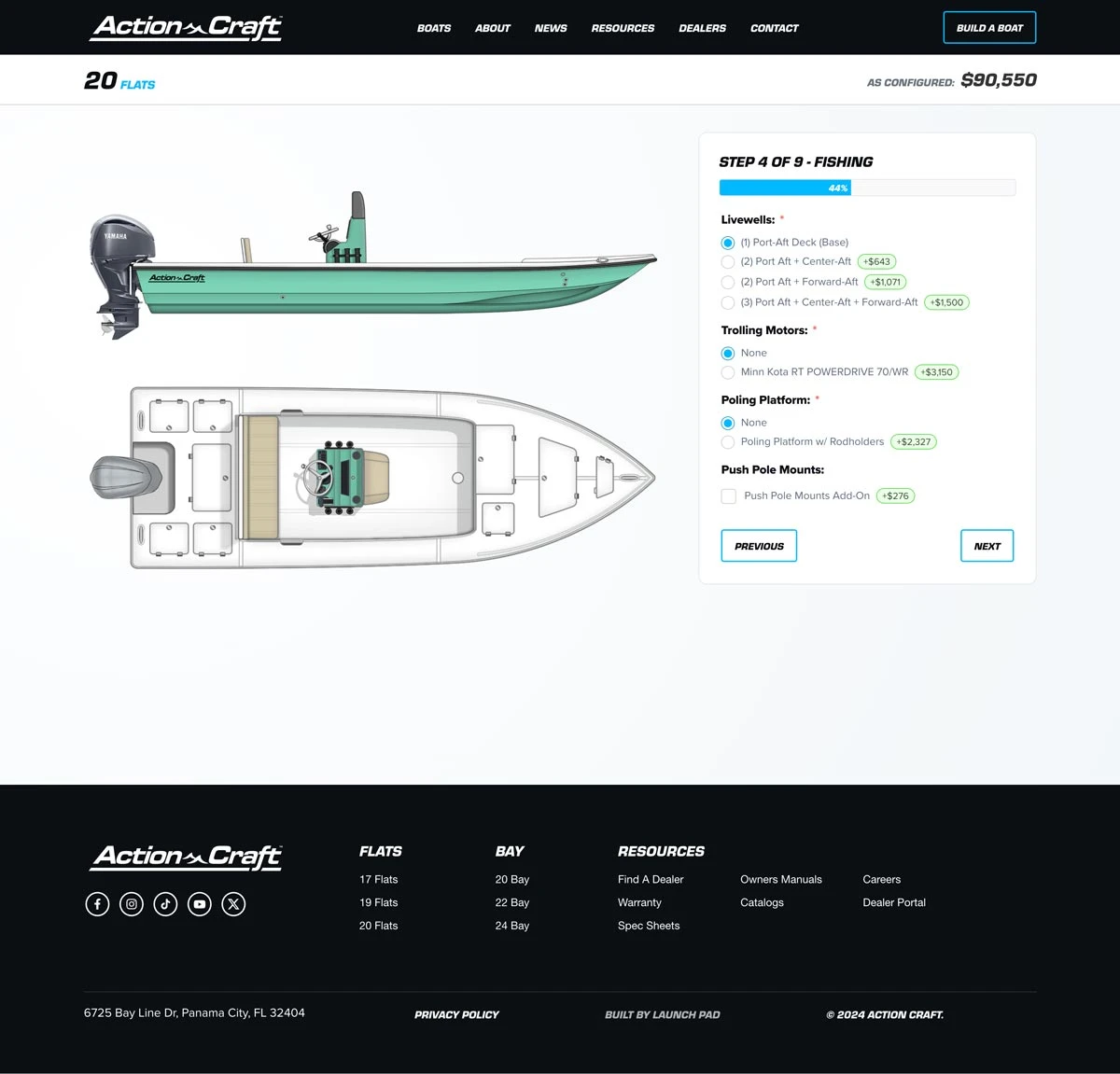 The Action Craft boat builder: a 20 Flats configured at $90,550, side and top views of the boat, and step 4 of 9 with priced fishing options