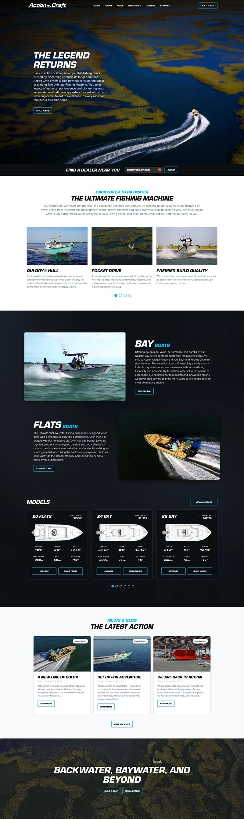 Action Craft’s delivered website, with its boats running through a marsh and the headline The Legend Returns