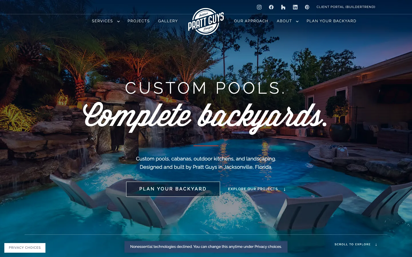 The new Pratt Guys website design, with custom pools, complete backyards, and a project-planning path